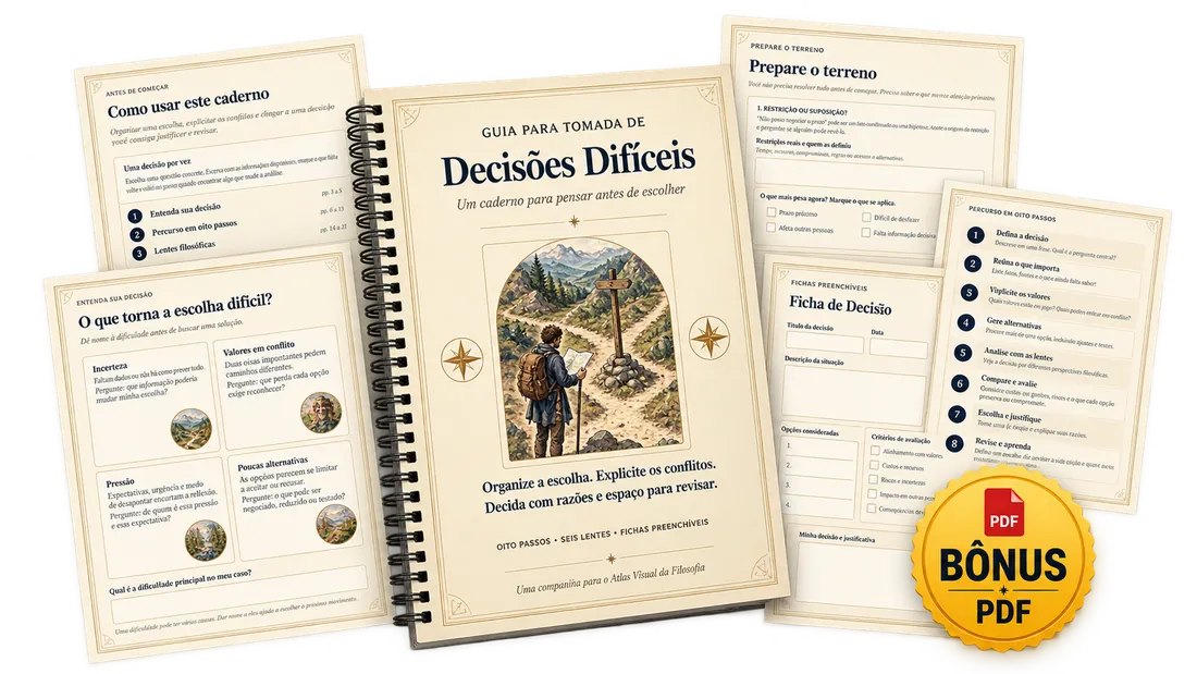 Guia para Tomada de Decisões Difíceis em espiral, com páginas do percurso em oito passos e fichas preenchíveis