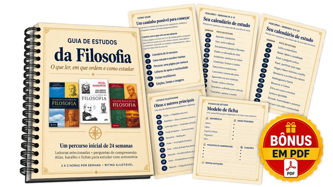 Guia de Estudos da Filosofia em espiral, com as páginas do calendário de 24 semanas, obras principais e modelo de ficha