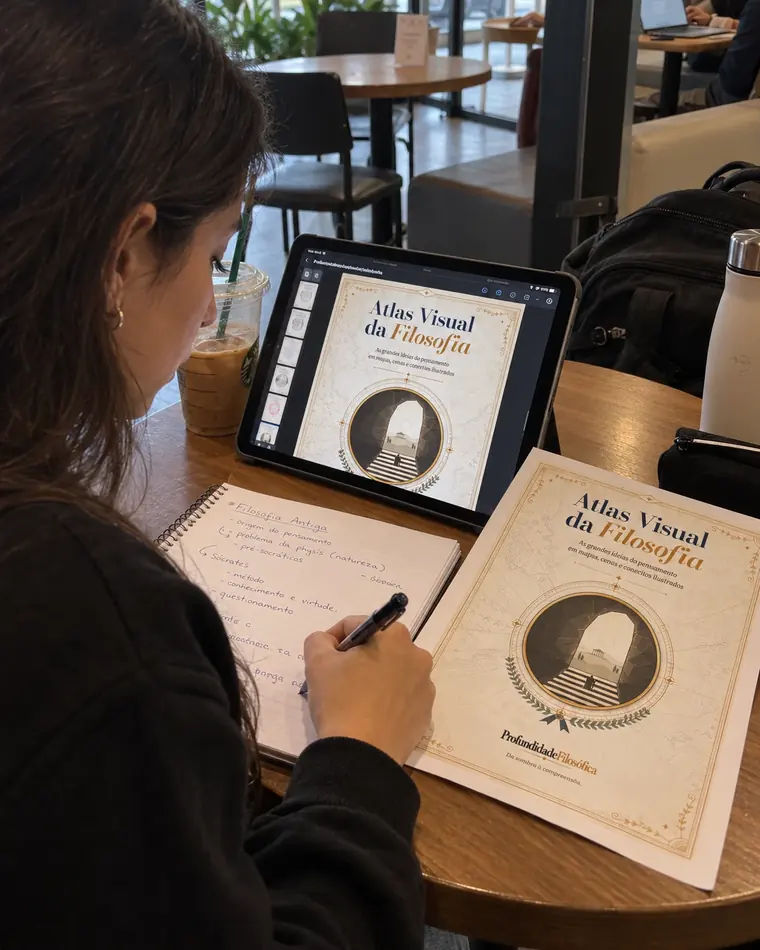 Mulher num café anota tópicos de filosofia antiga no caderno, com o Atlas aberto no tablet e impresso sobre a mesa