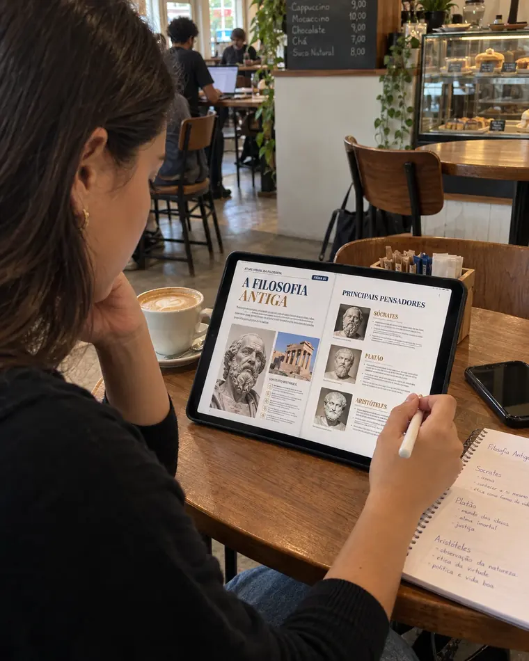 Mulher num café estuda o mapa A Filosofia Antiga no tablet e anota Sócrates, Platão e Aristóteles no caderno